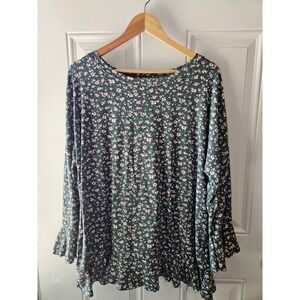 Celeste Women's 1X Floral Peplum Blouse Green Pink Bell Sleeve Keyhole Back